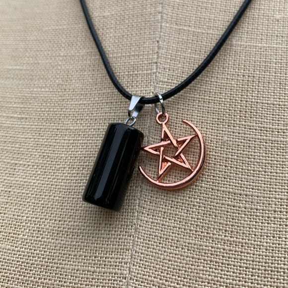 Handmade Obsidian Stone Amulet with Pentagram Star and Moon Charm - Picture 6 of 9